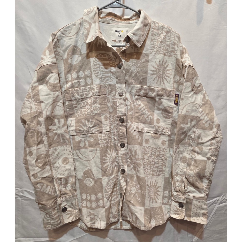 Smiley World x H&M Denim Shirt Jacket Tan Cream Patchwork Smiley Face Shacket S